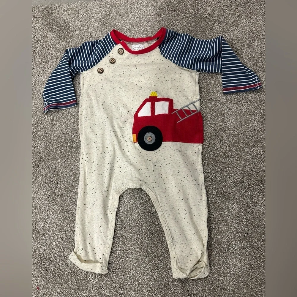Mud Pie Fire Truck Raglan One Piece Onesie Romper 9-12 Months Baby Boy